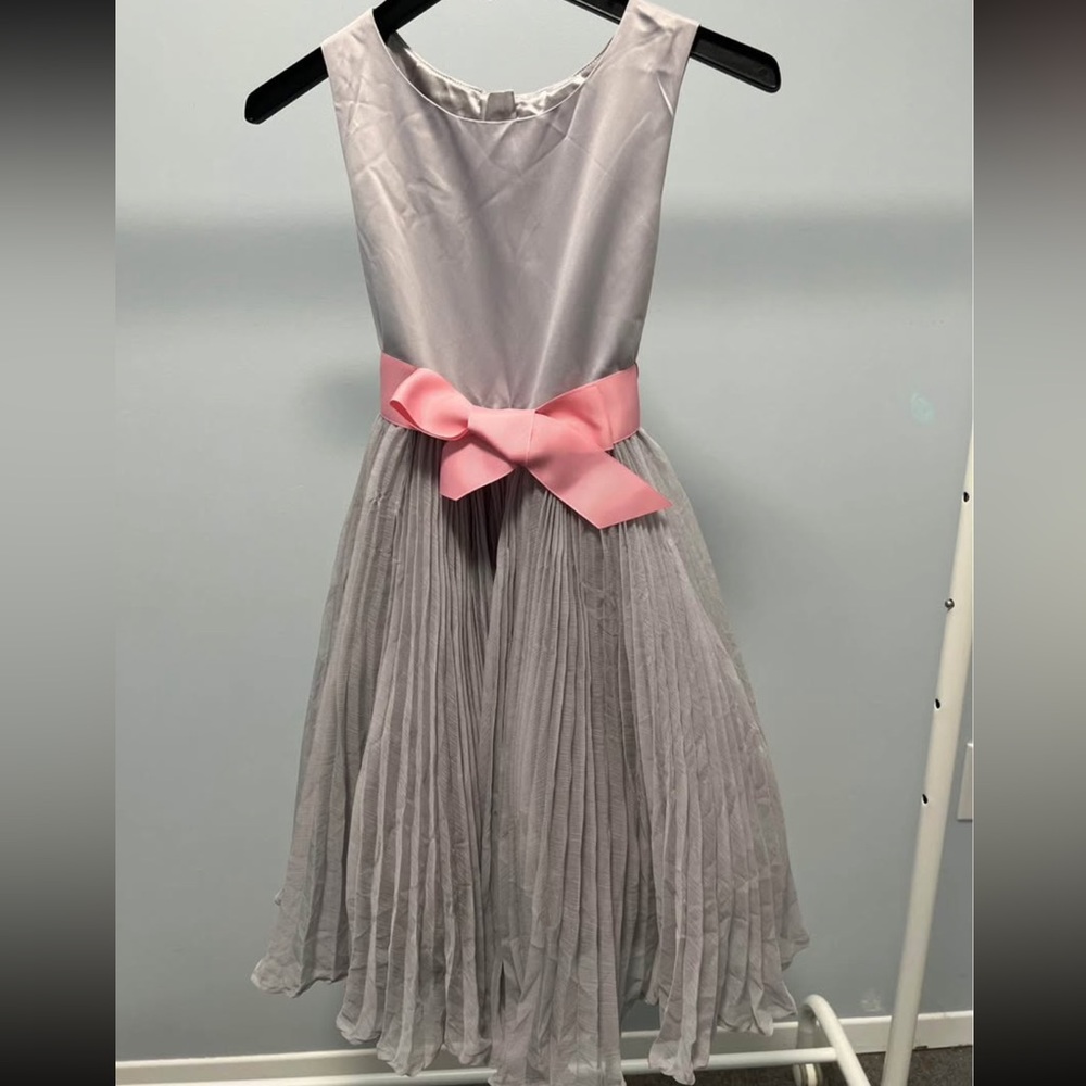 Monsoon Grey Tulle Pleated Party Dress with Pink Bow